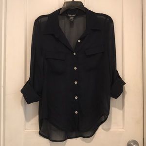 Large shear navy About a Girl roll tab button down